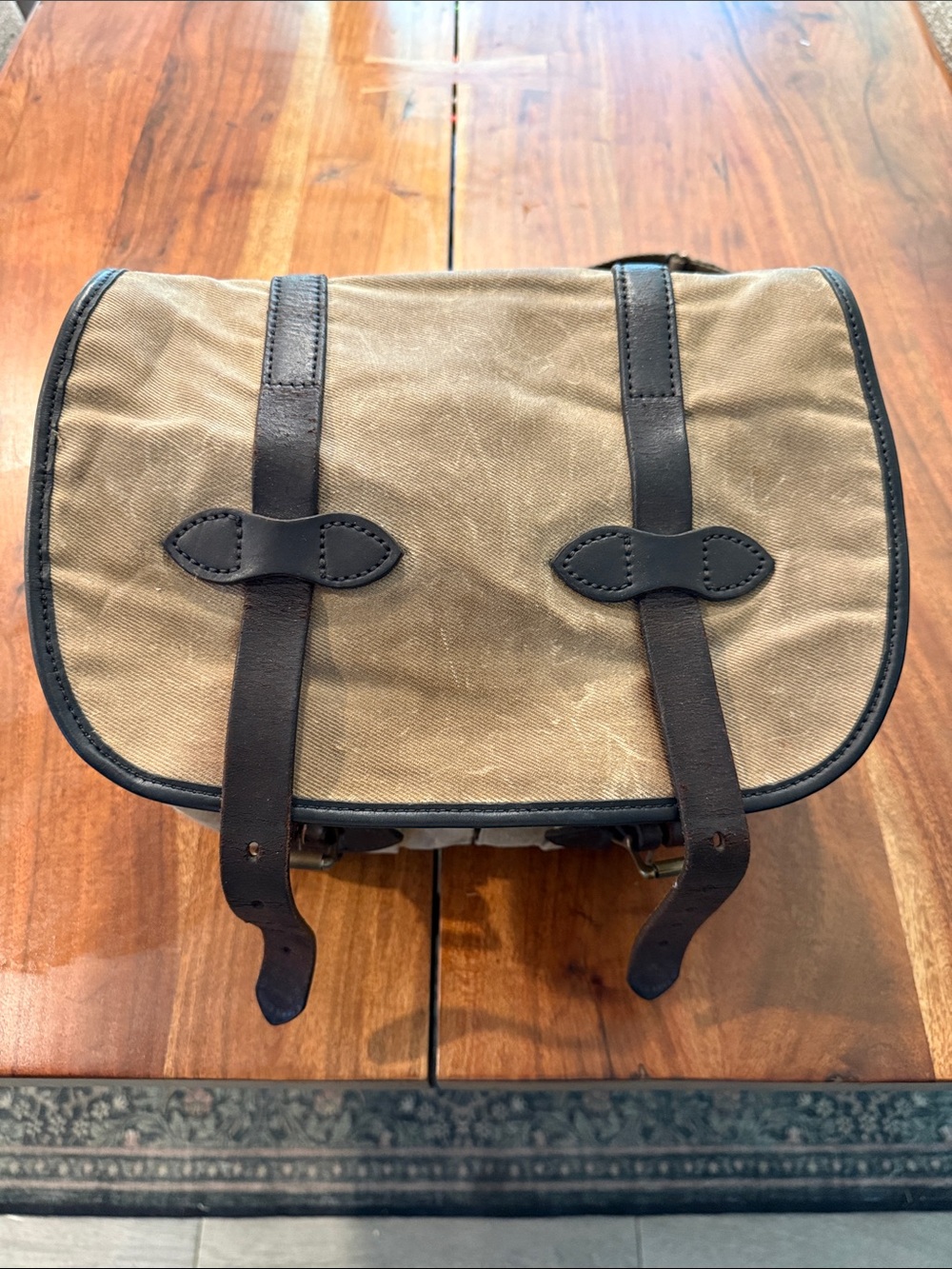 Filson Tan Canvas Messenger Bag with Dark Brown Leather Trim